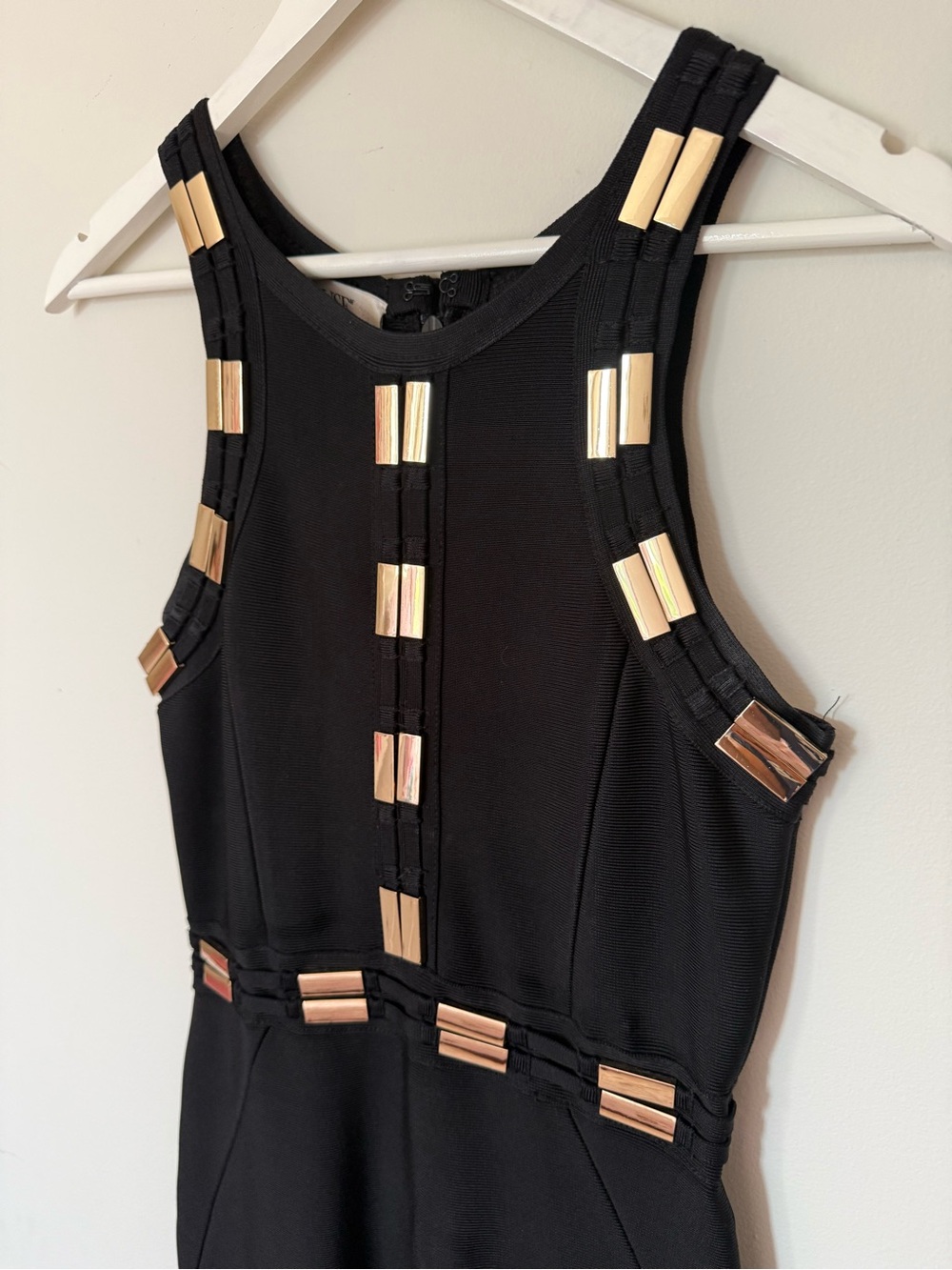 House of CB Black Sleeveless Midi bandage Dress with Champaign gold  Accent - Picture 3 of 5